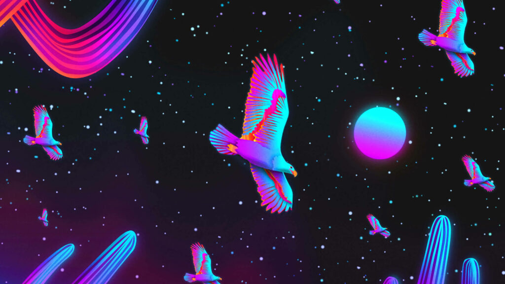 Fantastical Avian Symphony: A Pixelated Voyage featuring Periwinkle Moon and Nebulous Vaporwave Skies Wallpaper