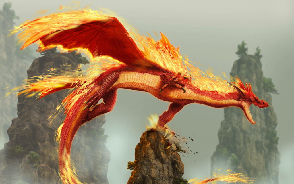 Majestic Fiery Red Dragon Wallpaper - 3D Misty Cliffs Background