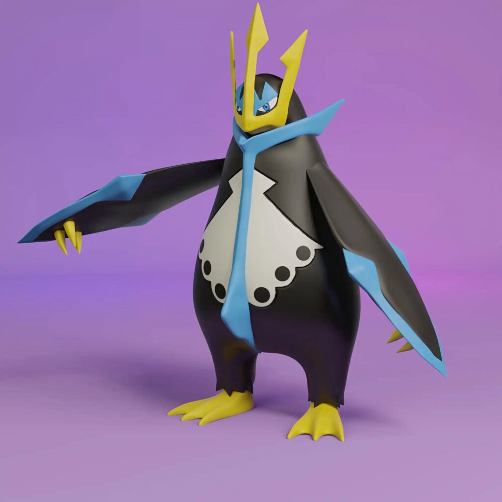 3D Empoleon Pokémon wallpaper with sleek navy yellow design on smooth purple gradient background