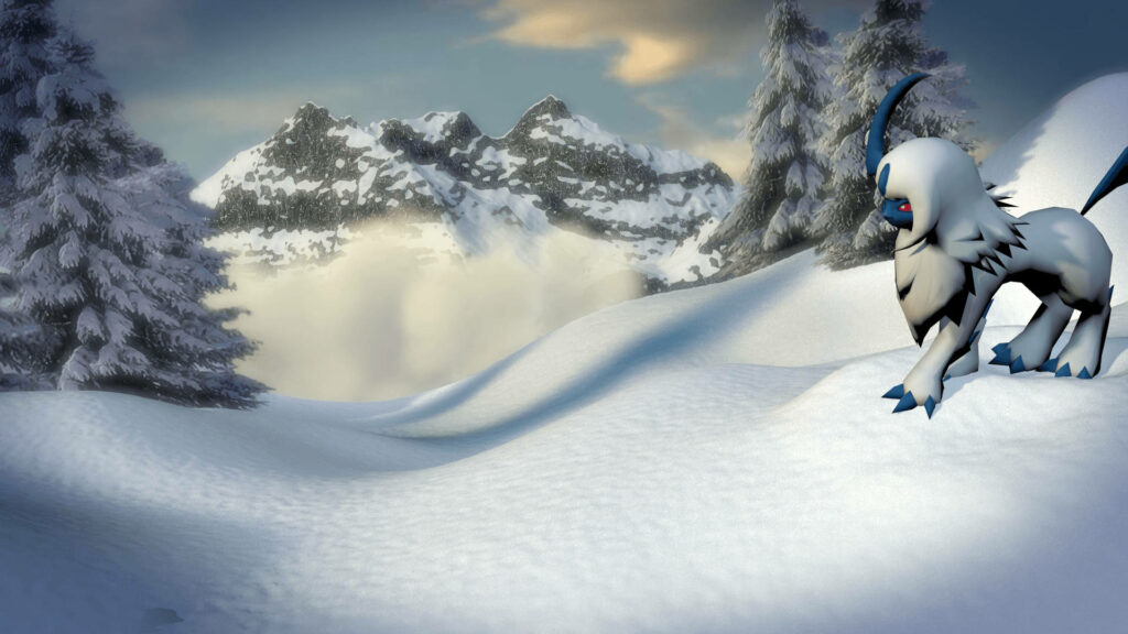 Majestic Absol 3D Wallpaper: Serene Snow-Covered Landscape