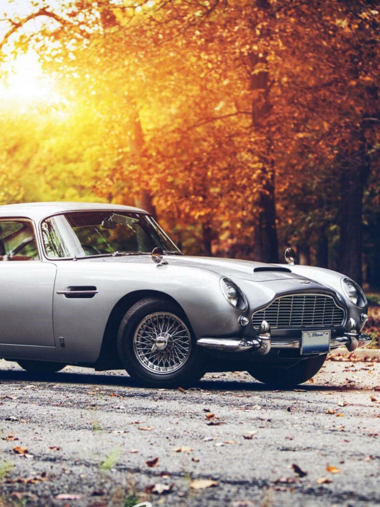 Classic Elegance: Vintage Aston Martin Cruising Through a Forested Road, Perfect Car Phone Screen Wallpaper
