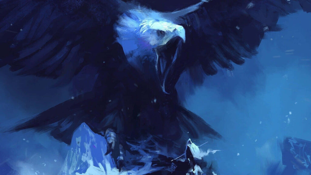 Majestic Bald Eagle Soars: Dramatic Blue-Toned Mountain Wallpaper