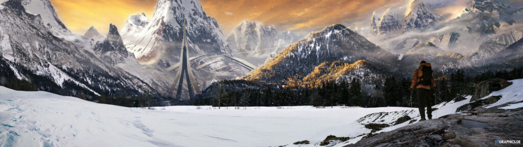 Nature's Splendor: A Solo Adventurer Contemplates the Majestic Grandeur of Snow-Capped Peaks Wallpaper