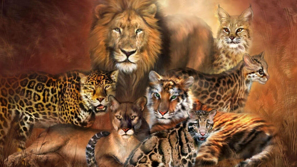 Majestic Big Cats Wallpaper: Lion & Tiger Against Vibrant Background