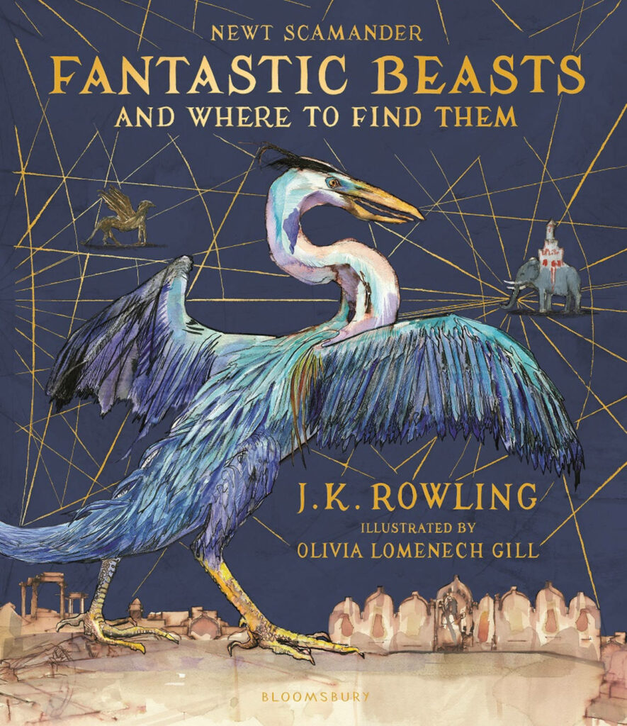 Blue majestic feathered creature on golden geometric background Fantastic Beasts cover art Wallpaper