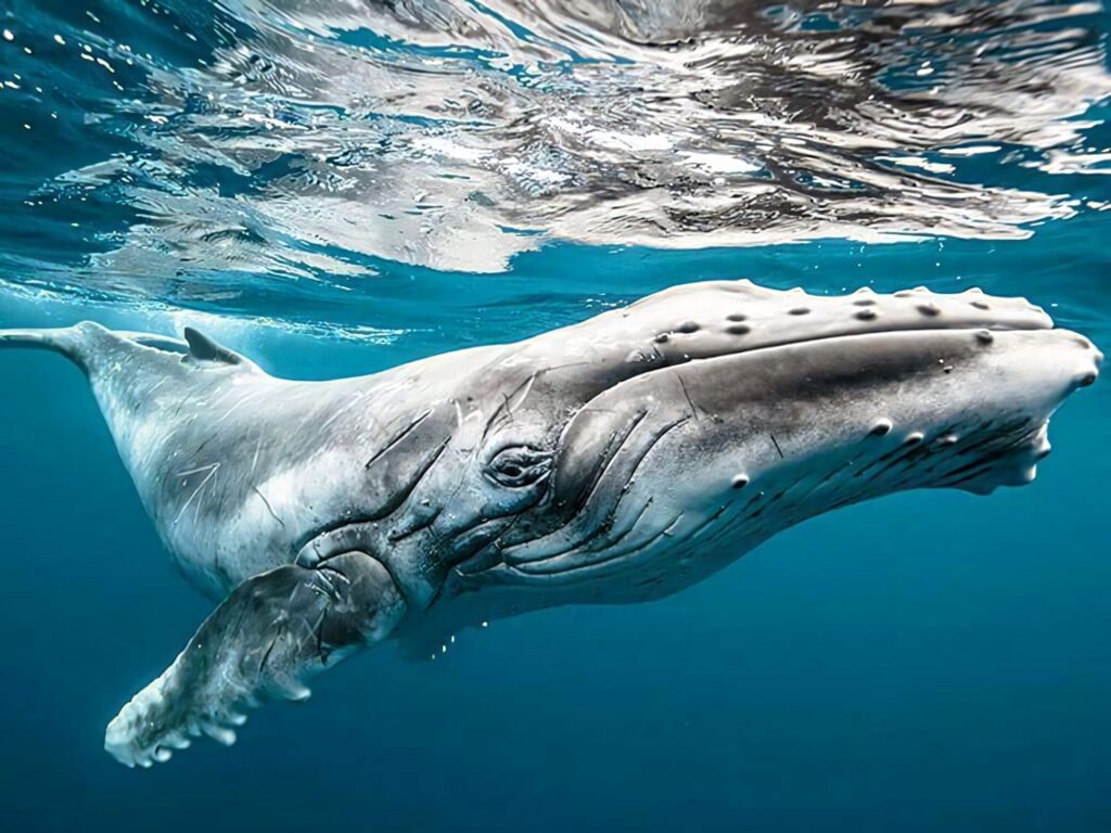 Majestic blue whale swimming in deep ocean with vivid blue tones and detailed textures wallpaper