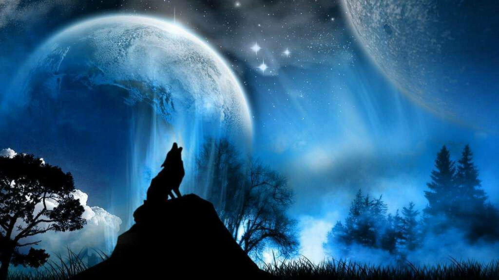Majestic Blue Wolf Howling: Fantasy Wallpaper with Cosmic Backdrop