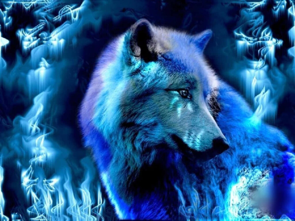 Majestic Blue Wolf Wallpaper with Ethereal Flames Background