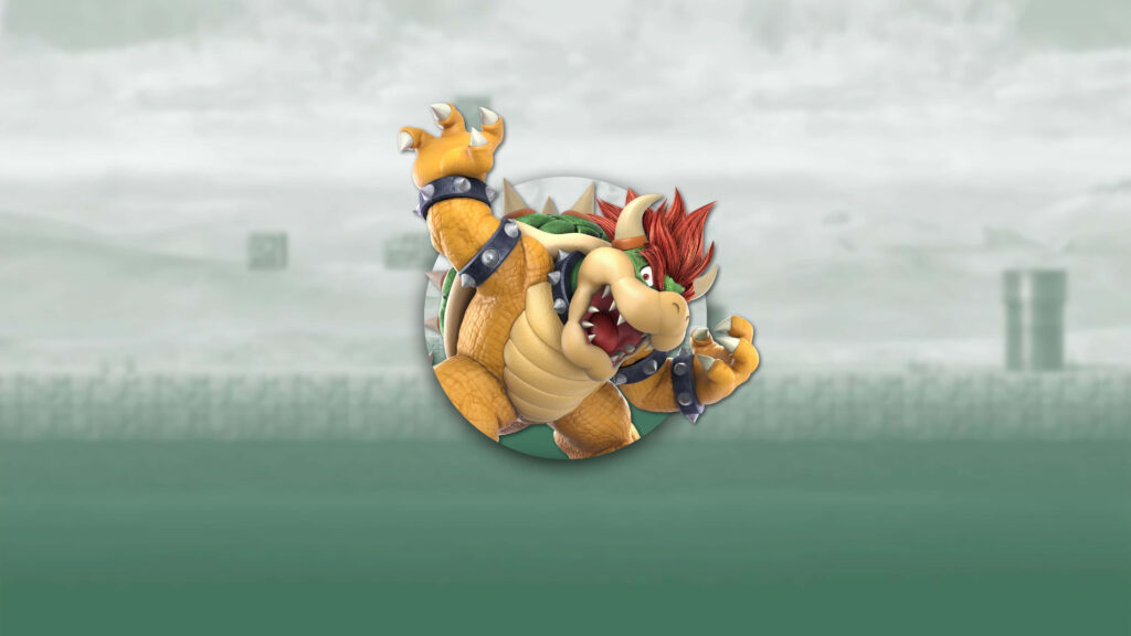 Majestic Bowser in fierce pose with red hair spiked shell retro Super Mario wallpaper background