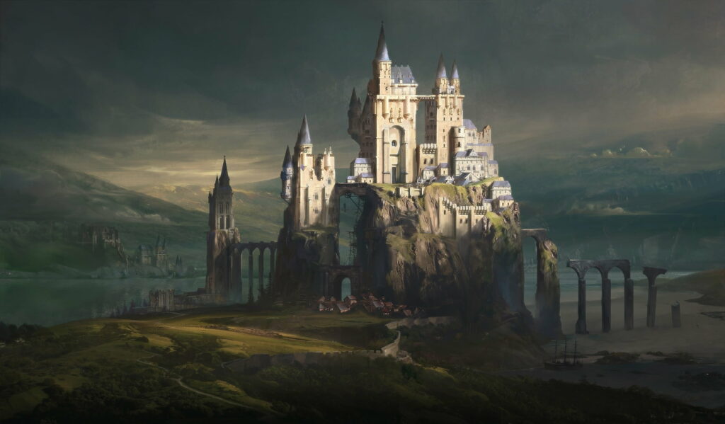 Enchanting Vista: Illuminated Citadel in a Magical Realm Wallpaper