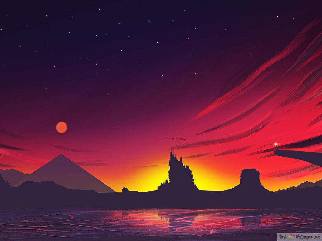 Vibrant sunset digital art wallpaper with castle silhouette mountain fiery orange purple sky