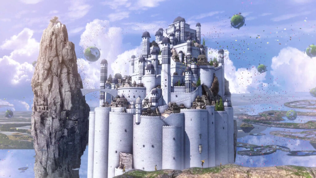 Majestic Castle on Cliff: Dreamy Fantasy Landscape with Mystical Orbs Wallpaper