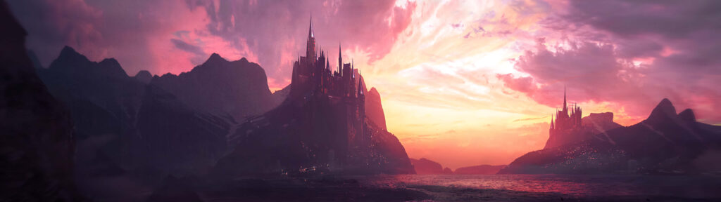Twilight Majesty: Enchanting Castle atop a Towering Mountain Wallpaper in UHD 5K 5120x1440 Resolution