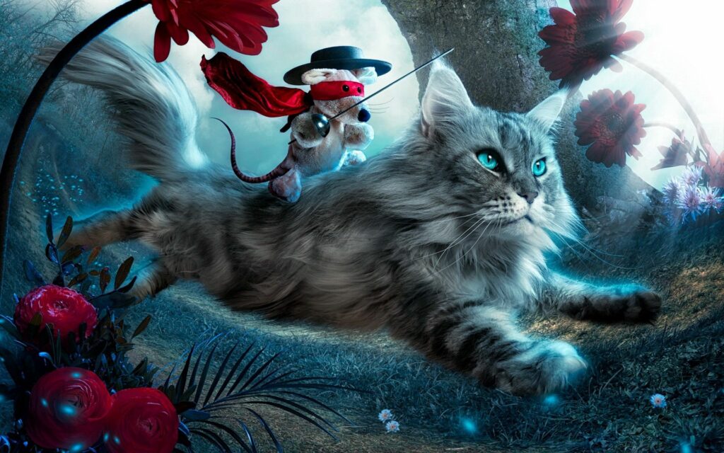 Majestic Cat Leaping with Musketeer Mouse: Fantasy Wallpaper