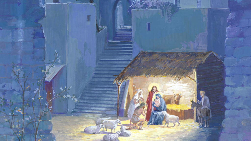 Majestic Depiction: Vibrant 8k Christmas Portrait Capturing the Nativity Essence, Showcasing Mary, Joseph, Baby Jesus, and All Figures in Exquisite Stable Painting - Enchanting Christmas Scene Wallpaper