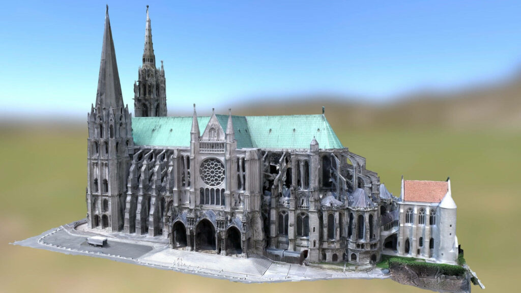 Chartres Cathedral in 3D Splendor against Vibrant Fuzzy Green Background, Perfect for Desktop Wallpaper
