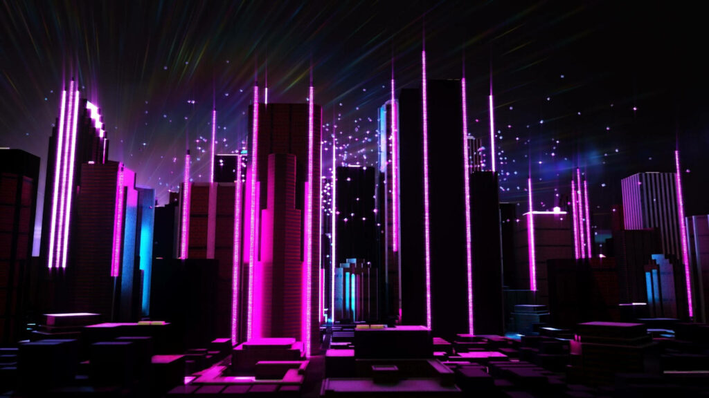 Majestic Skylines: Captivating Neon Lights Illuminate Urban Silhouettes - Chromebook's Aesthetically Pleasing Wallpaper