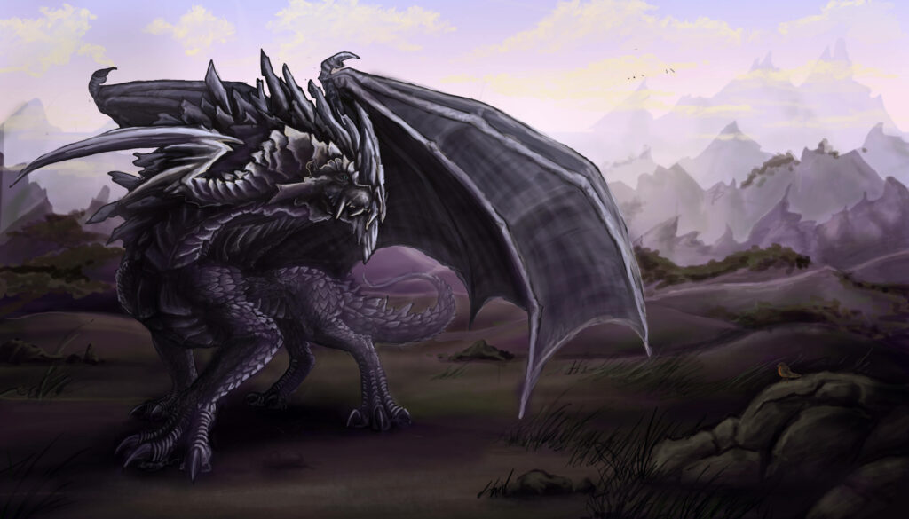 Majestic Dragon amidst Mountainous Terrain: A Striking HD Dragon Background Wallpaper