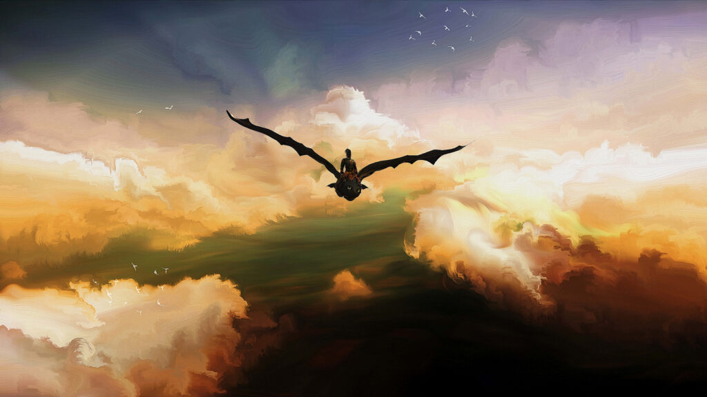 Majestic Dragon Ride: Cinematic Wallpaper of Adventure in Dreamy Sky