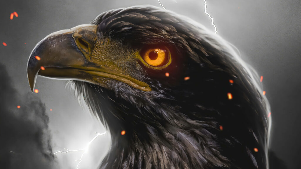 Majestic Eagle Aguila Art Wallpaper: Glowing Eye & Stormy Background