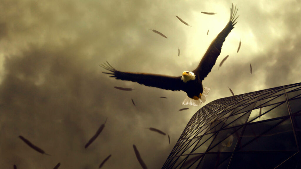 Majestic Eagle Wallpaper: Soaring Over Skyscraper & Stormy Sky