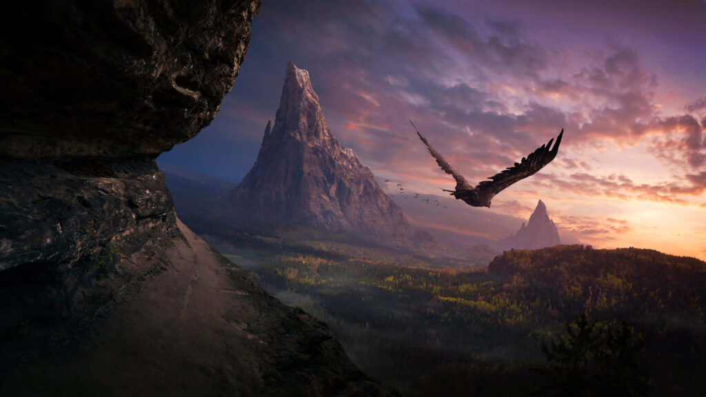 Majestic Eagle Soars Over Serene Sunset Mountain Landscape Wallpaper