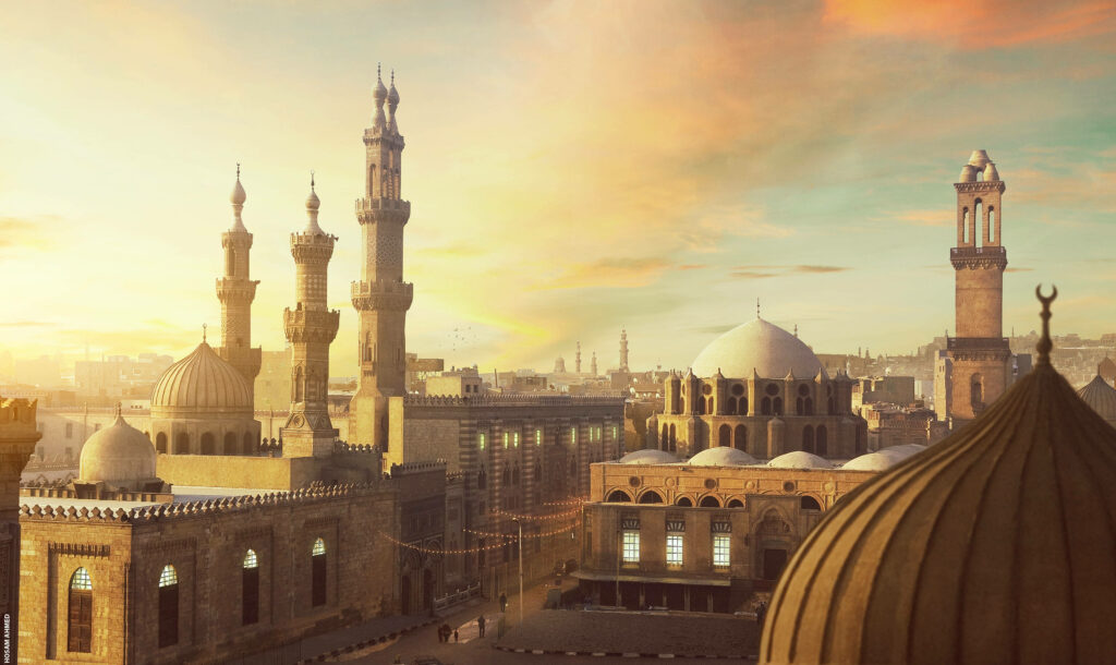 Egyptian mosque skyline at sunset with intricate domes and towering minarets wallpaper