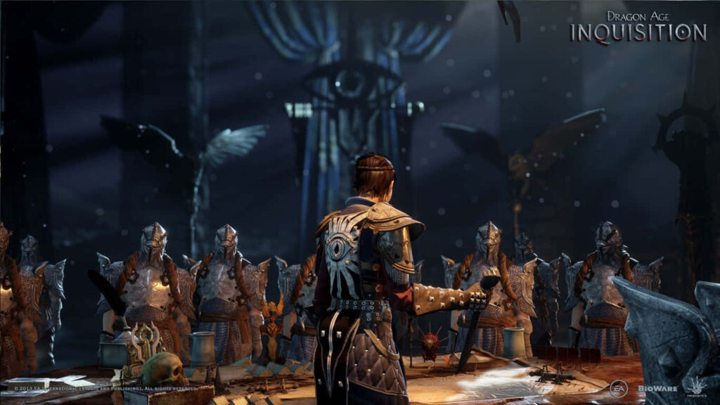 Epic Dragon Age Inquisition Wallpaper with Ancient Characters and Mysterious Throne