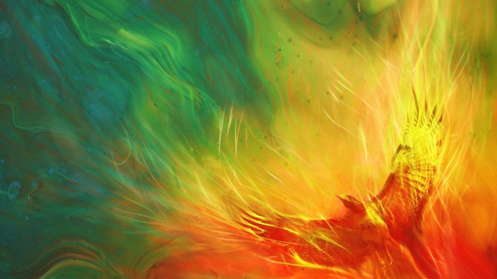 Majestic falcon with fiery wings soaring over abstract green background digital art wallpaper
