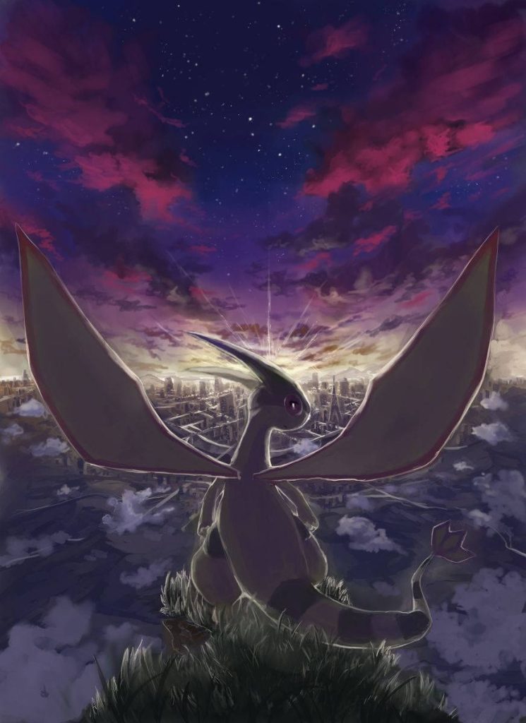 Flygon Pokémon on grassy cliff overlooking twilight city with purple indigo sky digital art wallpaper