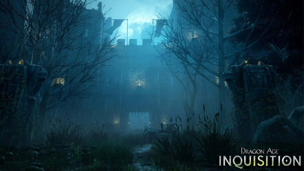 Enchanting Dragon Age: Inquisition Castle Wallpaper with Moonlit Forest Background