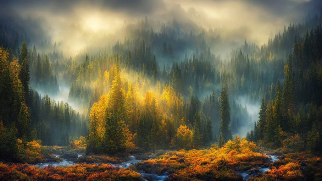 Majestic forest wallpaper golden sunlight through mist over conifer trees and winding stream