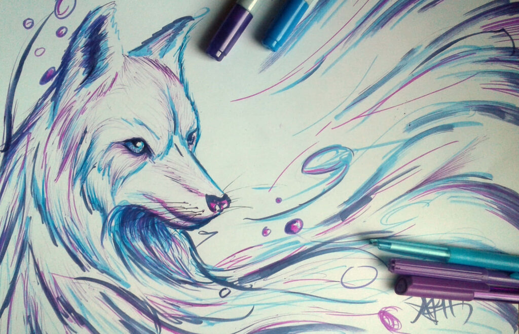 Stylized Majestic Fox Wallpaper: Dynamic Blue & Purple Design