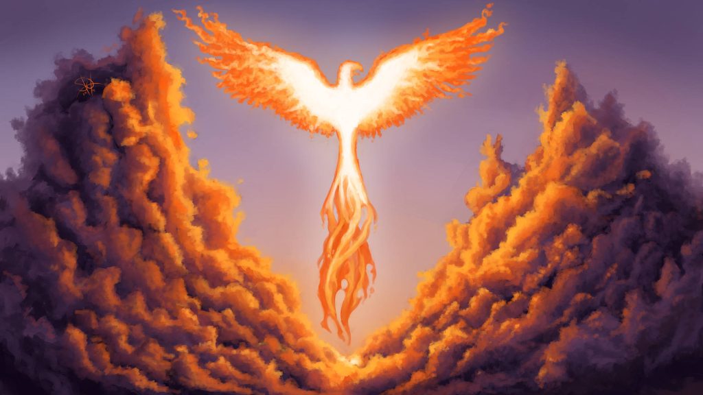 Majestic glowing phoenix rising above stormy clouds with vibrant fiery wings and purple sky Wallpaper