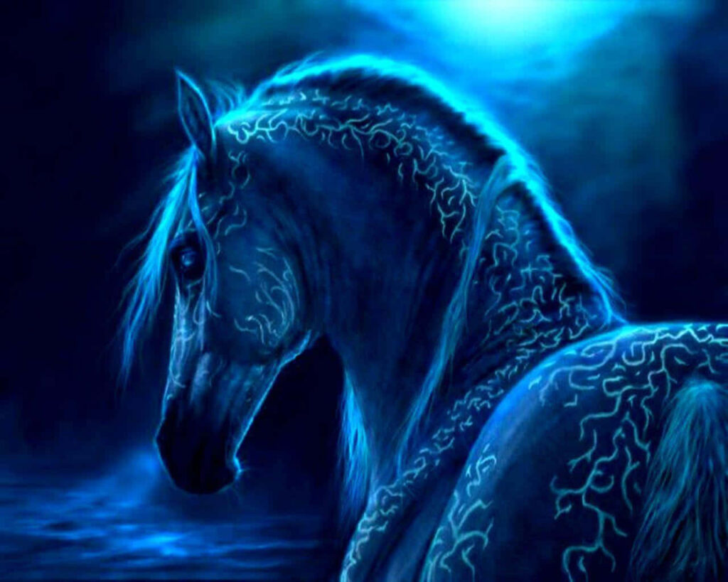 Mesmerizing Blue Horse Wallpaper: Enchanted 3D Fantasy Background