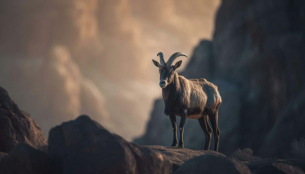 Majestic ibex on rocky mountain ridge at sunset cinematic high altitude wildlife wallpaper background