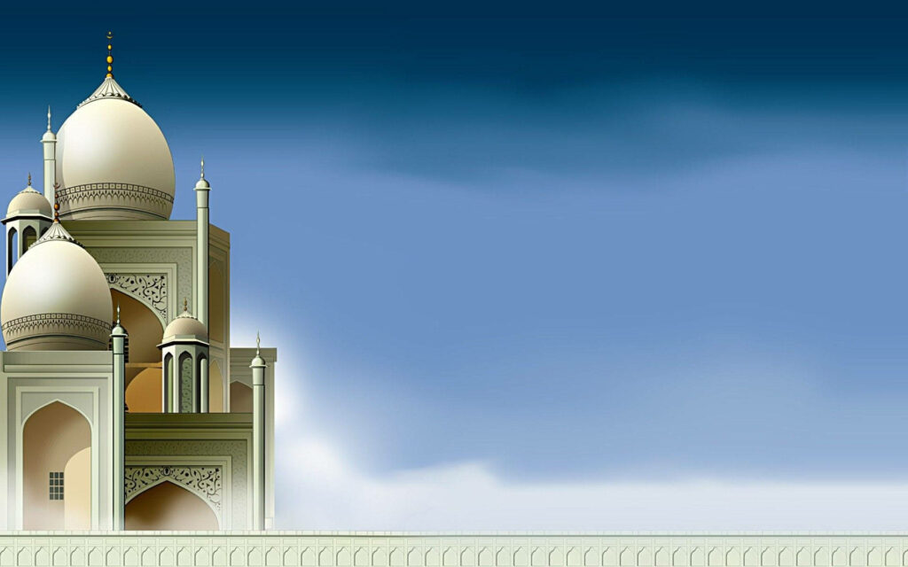 3D digital illustration of a majestic white Islamic mosque with domes against a blue sky wallpaper