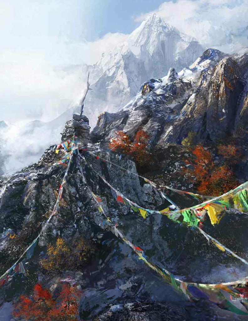 Majestic Peaks and Vibrant Prayers: Captivating HD Phone Wallpaper showcasing Kyrat's Snowy Mountain adorned with Colorful Flags
