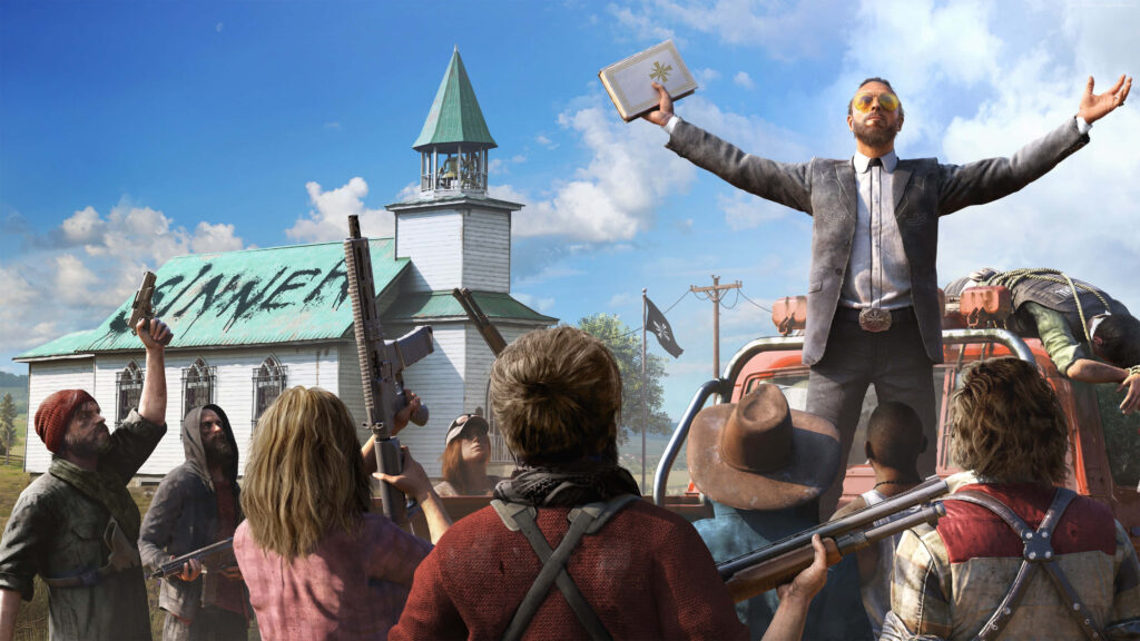 Charismatic leader with followers in rural setting, reminiscent of Far Cry 5 scene, dramatic and tense background image Wallpaper in UHD 4K 3840x2160 Resolution