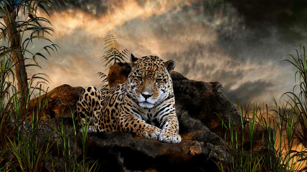 Majestic Leopard Wallpaper: Serene Rainforest & Dramatic Sky Background