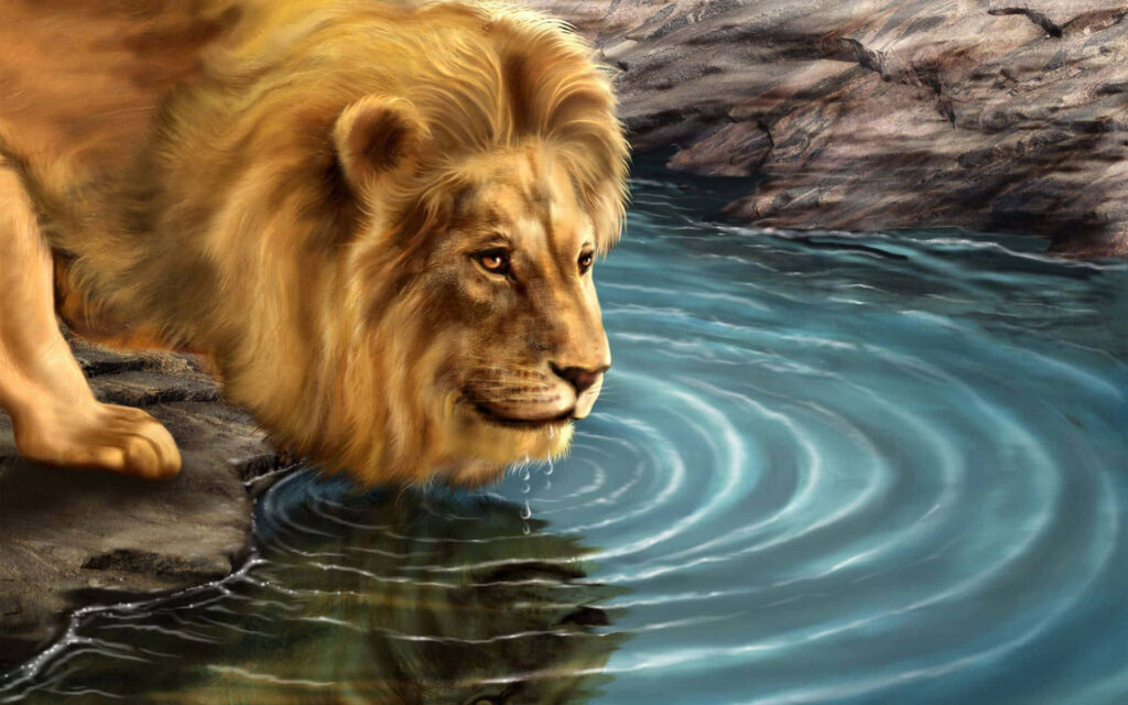 Majestic Lion Reflection in Tranquil 3D Water Landscape Wallpaper
