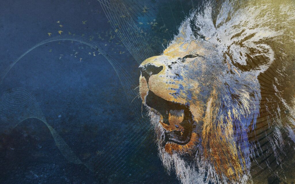 Majestic Lion Roaring on Artistic Blue Background - Power & Grandeur Wallpaper