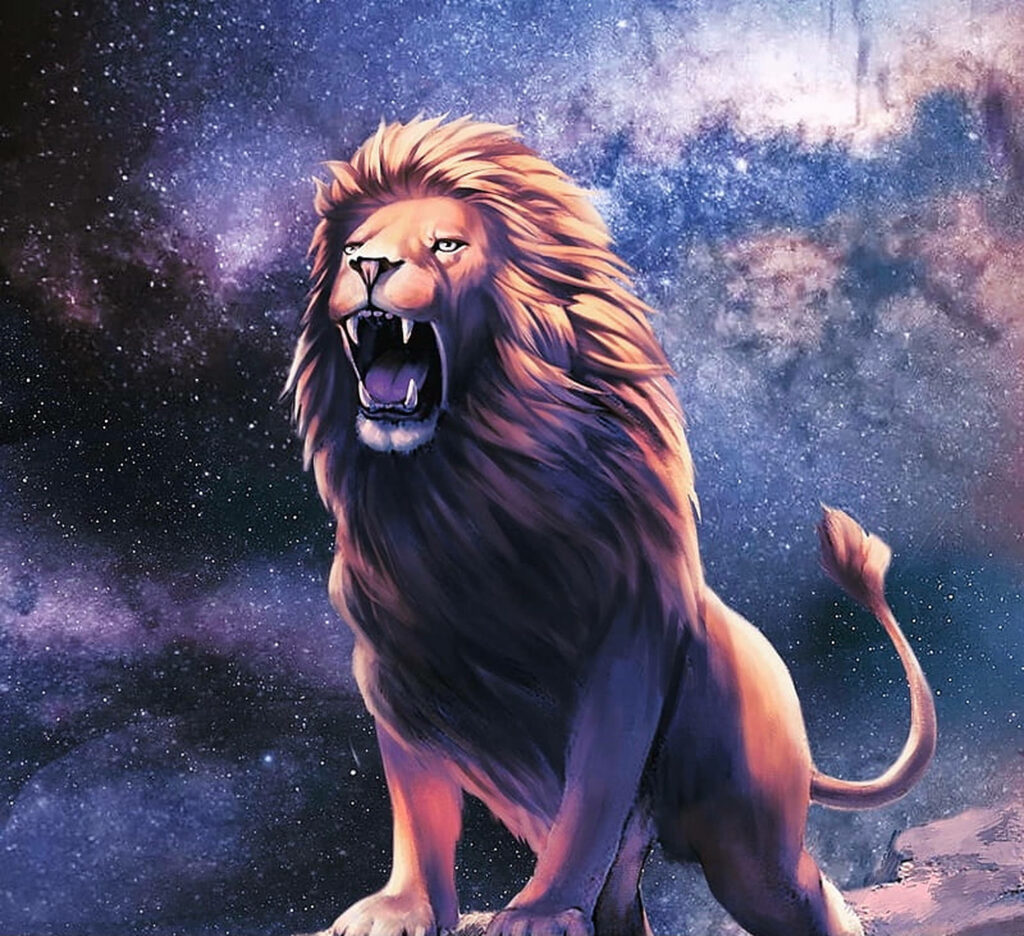 Majestic Lion Roaring Against Cosmic Galaxy Wallpaper Background