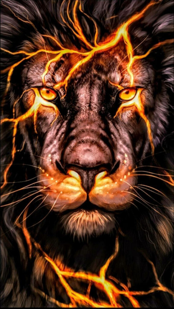 Majestic Lion Wallpaper: Vibrant Flames & Striking Lightning Background