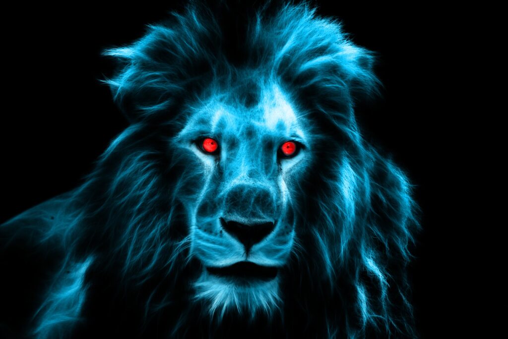 Lion Wallpaper: Ethereal Mane & Intense Red Eyes on Dark Background