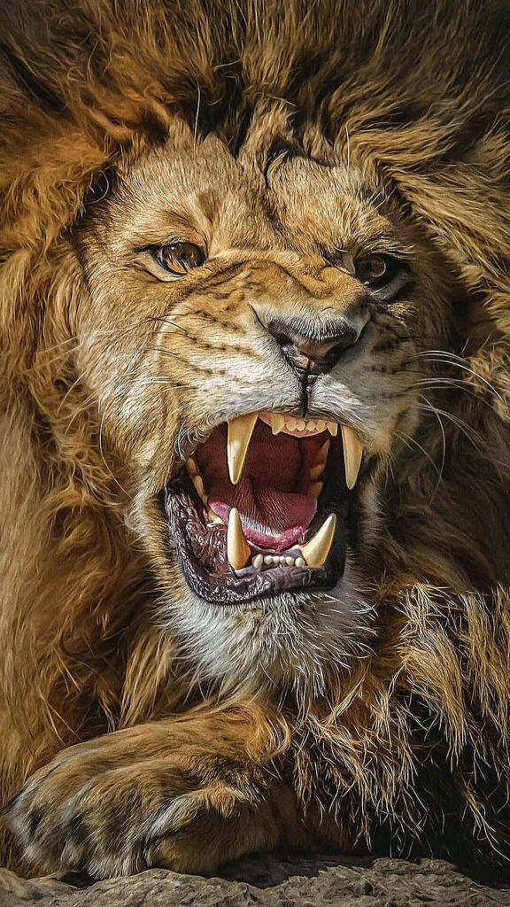 Majestic Lion Wallpaper: Fierce Roaring Fangs & Regal Presence