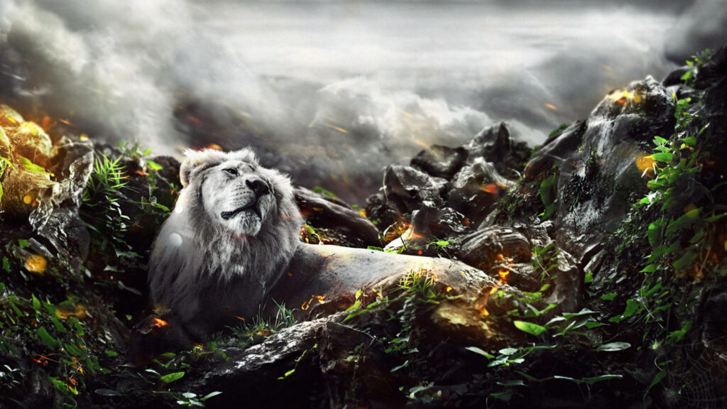 Majestic Lion Wallpaper in Misty Wilderness - Nature Background Art