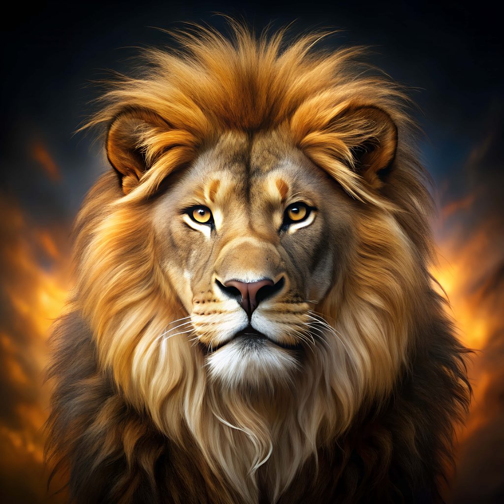 Majestic male lion with golden mane and intense amber eyes on fiery digital art background Wallpaper