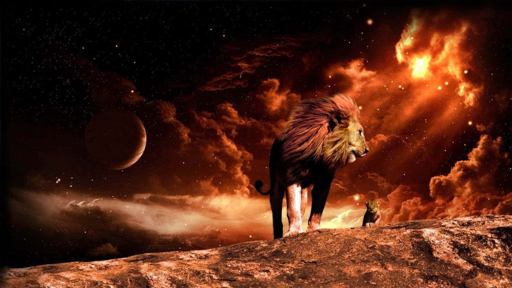 Majestic lion and cub on rocky cliff with fiery nebula cosmic background wallpaper design