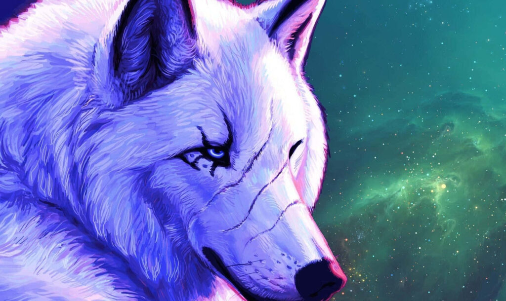 Majestic Lone Wolf in 3D Fantasy Cosmic Wallpaper Background